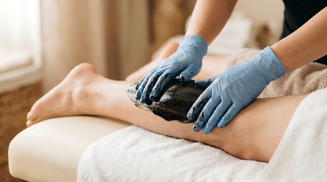 Spa therapist wearing blue medical gloves applying a smooth black charcoal mud mask to a client's lower leg