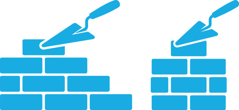 Construction brick wall building icons with mason trowel construction building architecture