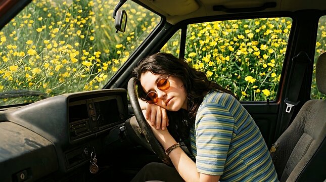 Woman sleeping inside car during the day