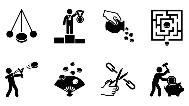 Black and white financial metaphor icons representing money saving investment and business strategy concepts.