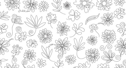 Fototapeta premium Whimsical doodle-style floral pattern. Playful black and white hand drawn flower background.