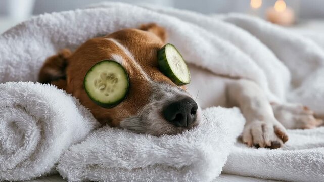 Relaxed dog resting with cucumber slices during spa treatment at home