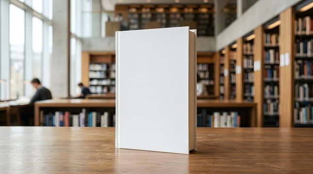 Blank Hardcover Book Mockup on Wooden Table in Library Interior