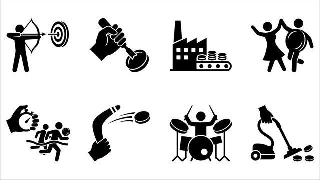Black and white stick figure icons representing various sports hobbies and household chores.