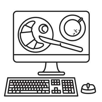 Breakfast displayed on the screen of dekstop computer vector line icon for Deskfast Day on April 12