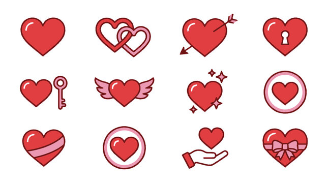 Heart Icons and Love Elements Set. Valentine's Day Line Art Concept with Cupid Arrow, Key to Heart, Gift Ribbon, and Wings