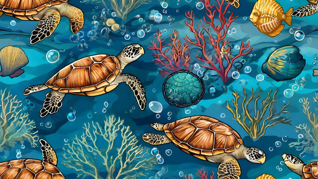 Seamless underwear pattern with sea turtles coral reefs fish seashells and bubbles detailed marine illustration