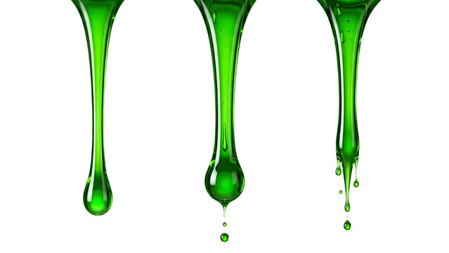 Three green liquid droplets dripping down isolated on white background