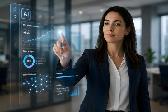 Businesswoman Using Futuristic AI Interface