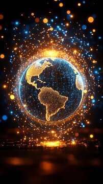 Digital Earth planet with golden continents glows brightly on a dark background