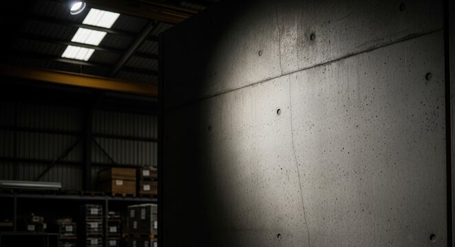 Rough exposed concrete wall with stark defined lines and subtle lighting highlights within an industrial interior