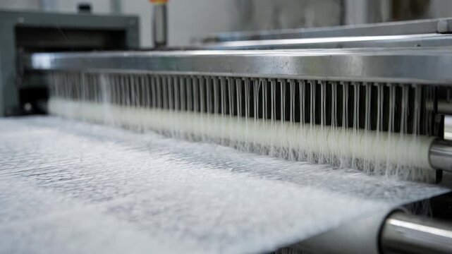 Detailed medium shot of meltblown polypropylene fibers being produced highlighting their role in hygiene products with delicate fiber distribution from molten polymer