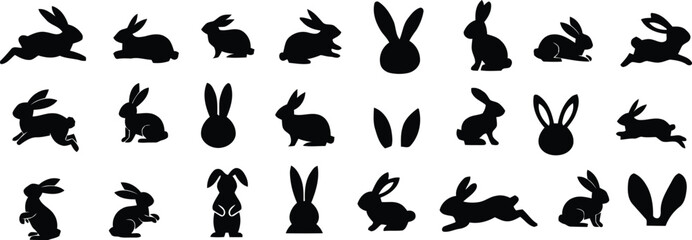 Obraz premium Rabbit silhouettes, black bunny icons, 20 rabbit shapes, vector illustrations, animal graphics