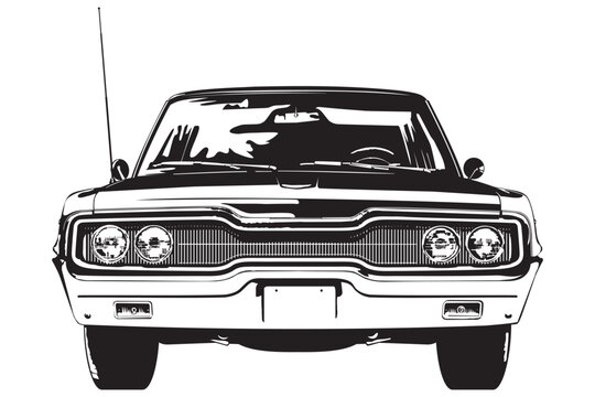 Vintage american muscle car from the 1960s low angle frontal view monochrome vector illustration