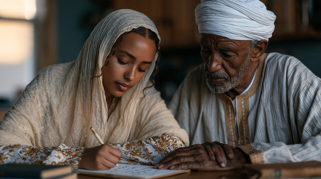 Somali-American teenager struggles to write a letter in Somali script at a kitchen table, her elderly grandfather reading over her shoulder with quiet corrections, diaspora