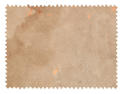Blank antique postage stamp mockup with aged vintage paper texture and dust particles, isolated on transparent background.
