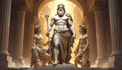 Fototapeta premium Majestic statue of a powerful ancient god standing with two kneeling figures in a grand marble temple with glowing golden light