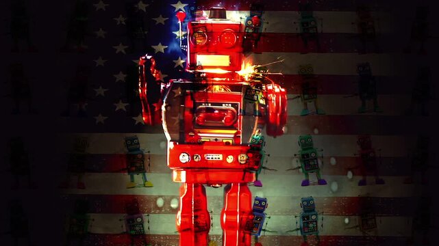 Big retro robot marching into frame with dancing robots 