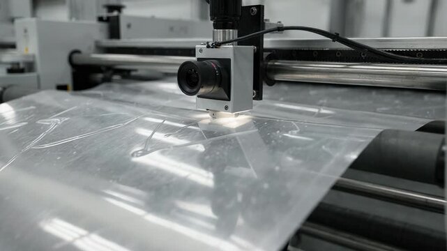 Medium shot of a grayscale inline defect detection system capturing closeup film surface for gels and streaks with high precision and contrast clarity in an industrial setting