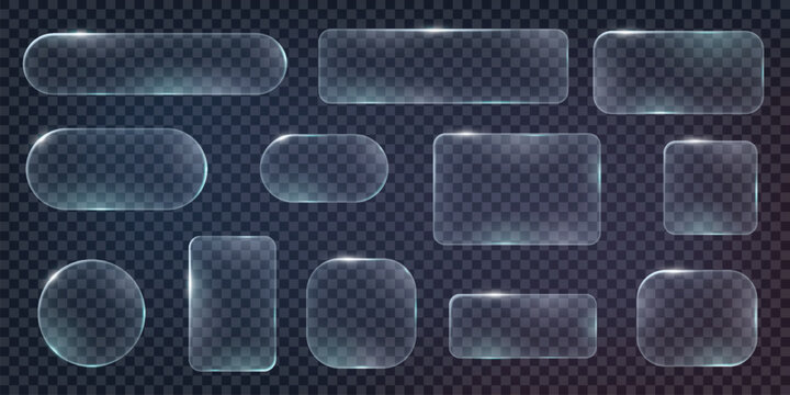 Set of glass elements in different shapes in glassmorphism style. Liquid glass effect PNG. Glass panels with liquid glass effect