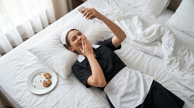 Cheerful young hotel maid in uniform slacking off at work, lying on an unmade bed, laughing and looking at her smartphone. Procrastination and work break concept.