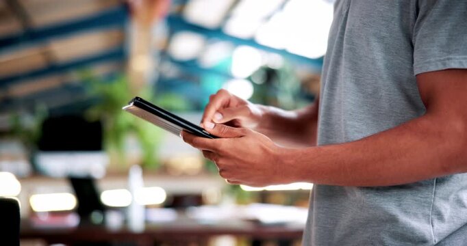 Student, hands and scroll in college with tablet, online research and check enrollment for course. Bokeh, man browse or typing in university with tech, learning and registration for higher education.