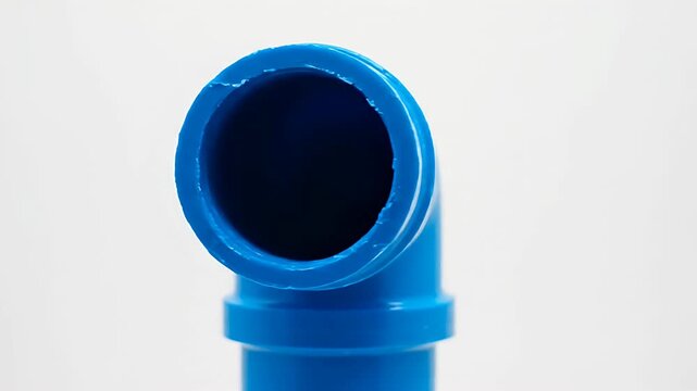 Blue PVC elbow pipe fitting for plumbing systems.