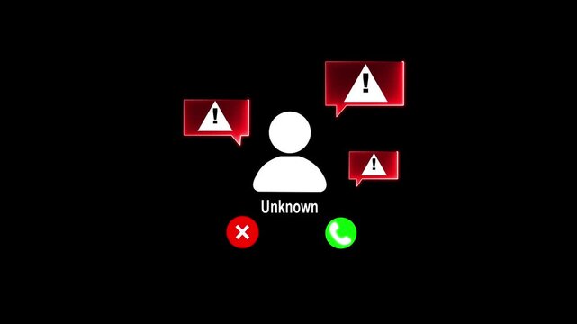Phone screen alerting unknown scam call. Concept of phone fraud, spam calls, scammer warning system, and cybersecurity protection. Mobile safety technology against phishing and fake calls.