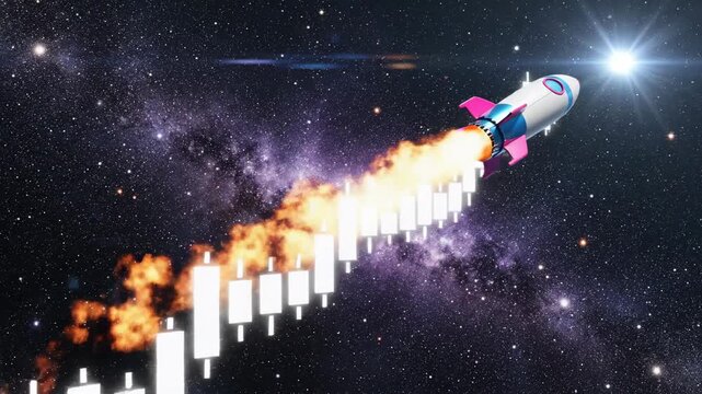 Financial Rocket Launch with 3D Rocket Flying Through Space Alongside a Glowing Bullish Candlestick Chart Perfect for Cryptocurrency and Stock Market Investment Concepts.