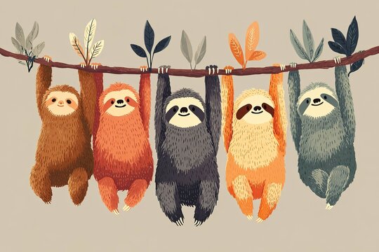 cute characters as baby sloths hanging from branches