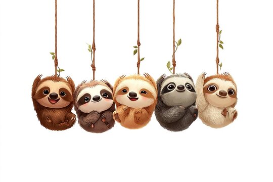 cute characters as baby sloths hanging upside down