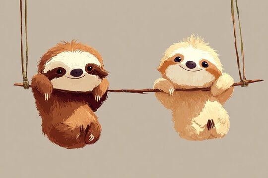 cute characters as baby sloths hanging upside down