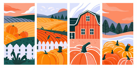 Obraz premium Autumn harvest illustration with pumpkins and farmhouse in four vertical panels