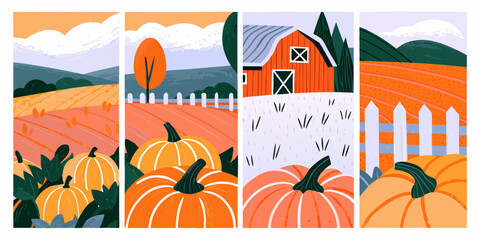 Obraz premium Autumn harvest illustration panels with pumpkins and farm scenery