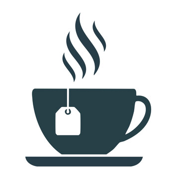 Flat design icon of a steaming cup of tea with a tea bag