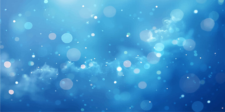 A bright abstract blue background features glowing bokeh bubbles and shimmering light patterns that create a festive winter holiday design