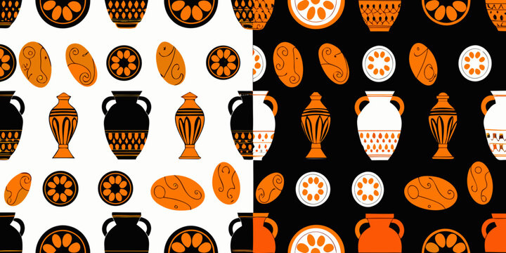 greek pottery pattern with vases and bowls orange and black