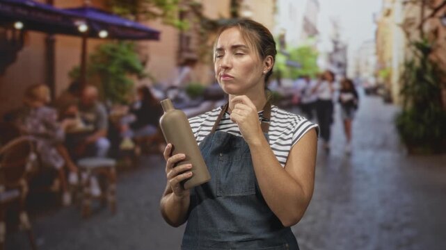 Woman in denim apron holding a matte ceramic bottle, finger to cheek inspecting glaze and texture on a busy street cafe; thinking.