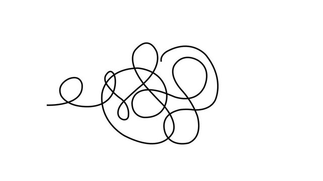 black tangled lines on white background, representing confusion, complexity, chaos. 4k video animation. 