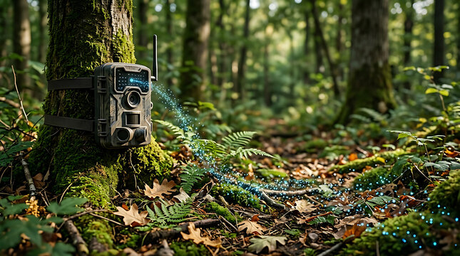 Camera trap on forest floor isolated on a clean white background