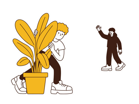 Flat vector illustration of a person hiding behind a potted plant, representing social anxiety, paranoia, fear of interaction, avoidant personality disorder