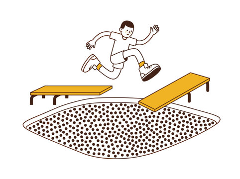 Flat vector illustration of man jumping off diving board into pool of dots, representing impulsivity and ADHD behaviors