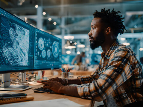 African American male designer working on computer graphics at a modern office desk with dual monitors displaying technical designs and a creative workspace in the background