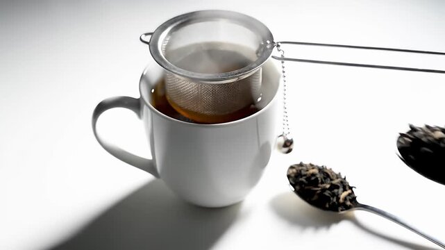 Cup of black tea with strainer and loose leaves.