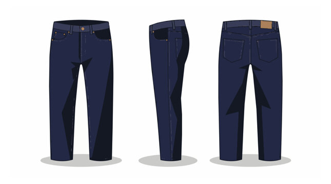 Illustration of navy blue pants in three views.