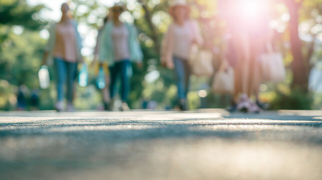 Soft morning wellness walk on park path with blurred women and pastel sunlight for healthy lifestyle background use