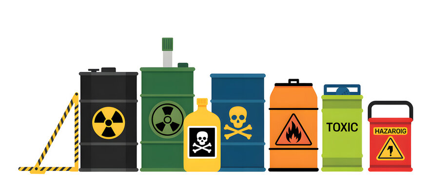 Flat style illustration of various hazardous waste containers, barrels, and bottles with radiation, biohazard, toxic, and flammable signs. Isolated on white.