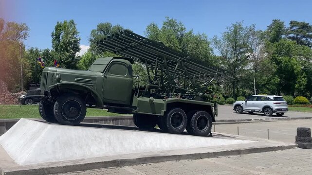 Soviet Katyusha BM-13 multiple rocket launcher displayed at Victory Park in Yerevan, Armenia, representing World War II military technology and history.