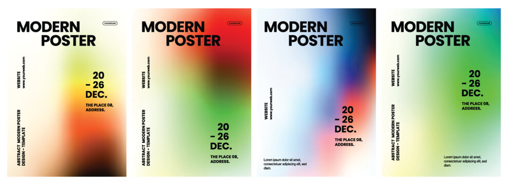 Vibrant modern poster templates featuring artistic gradient backgrounds with bold typography and clean layout design for professional corporate events or creative advertising campaigns and projects