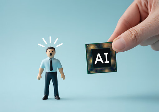 Concept of artificial intelligence and workforce impact. A hand holds an AI microchip next to a shocked worker figure. Future of technology and jobs.